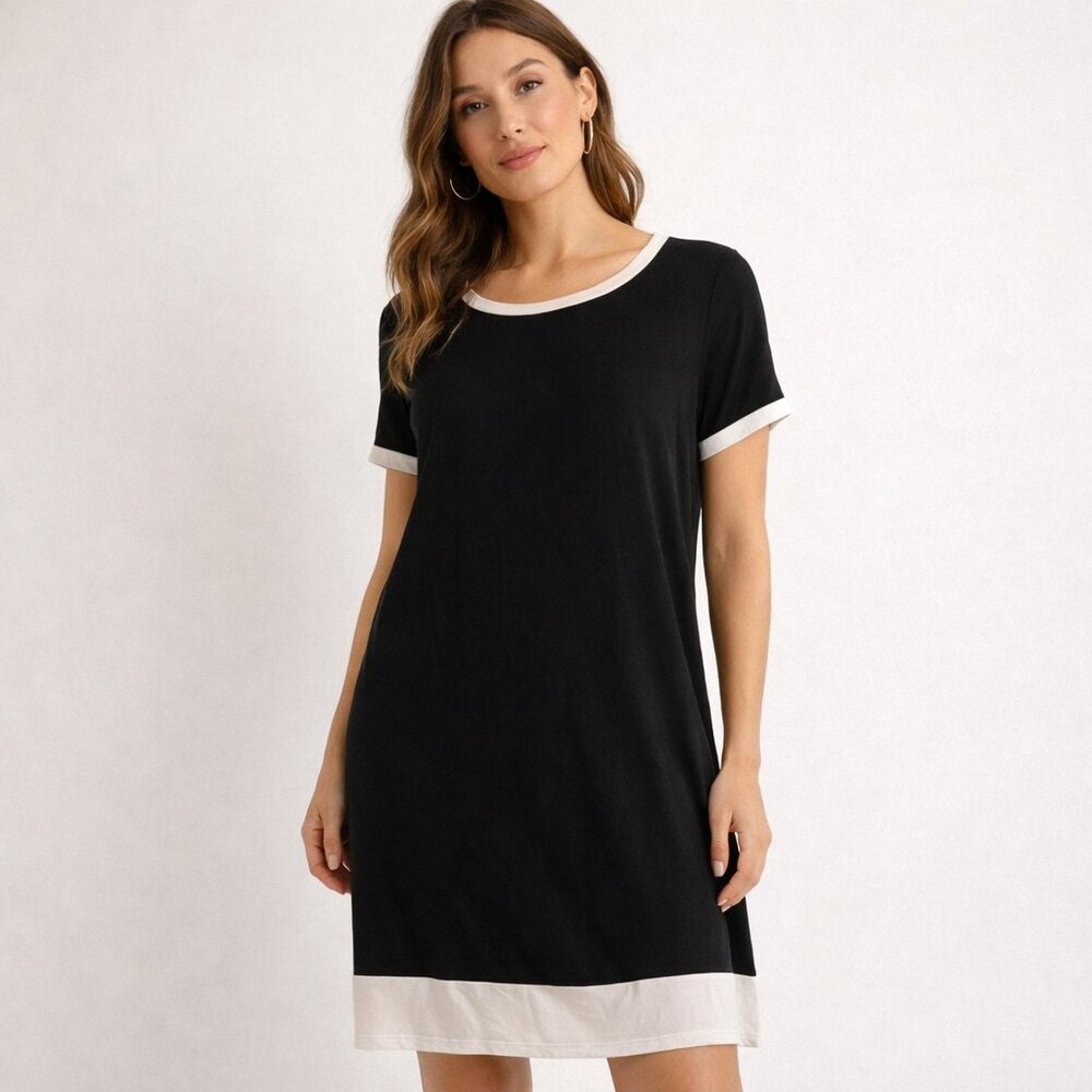 Calvin Klein Black Shift Dress Contrast Trim Short Sleeve Size 16